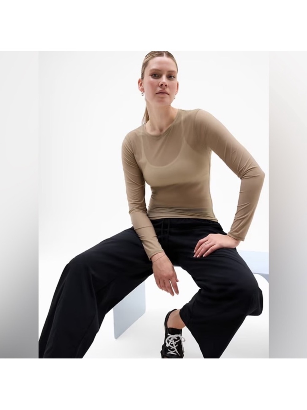 Athleta Apero Mesh Top Long Sleeve Brownstone Sheer in Taupe - Picture 5 of 14